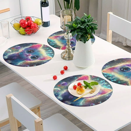 

Round Grid Placemat One Sizex4 Round Placemat PVC Plate Mat，15.4 Inch Non-Slip and Heat Resistant Table Placemat Dining Room Placemat A Cartoon Color Cat