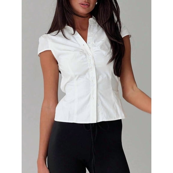 Women Y2K Lapel Cap‑Sleeve Crop Blouse, Ruched‑Front Tie‑Back Slim‑Fit Button‑Down Going‑Out Tops