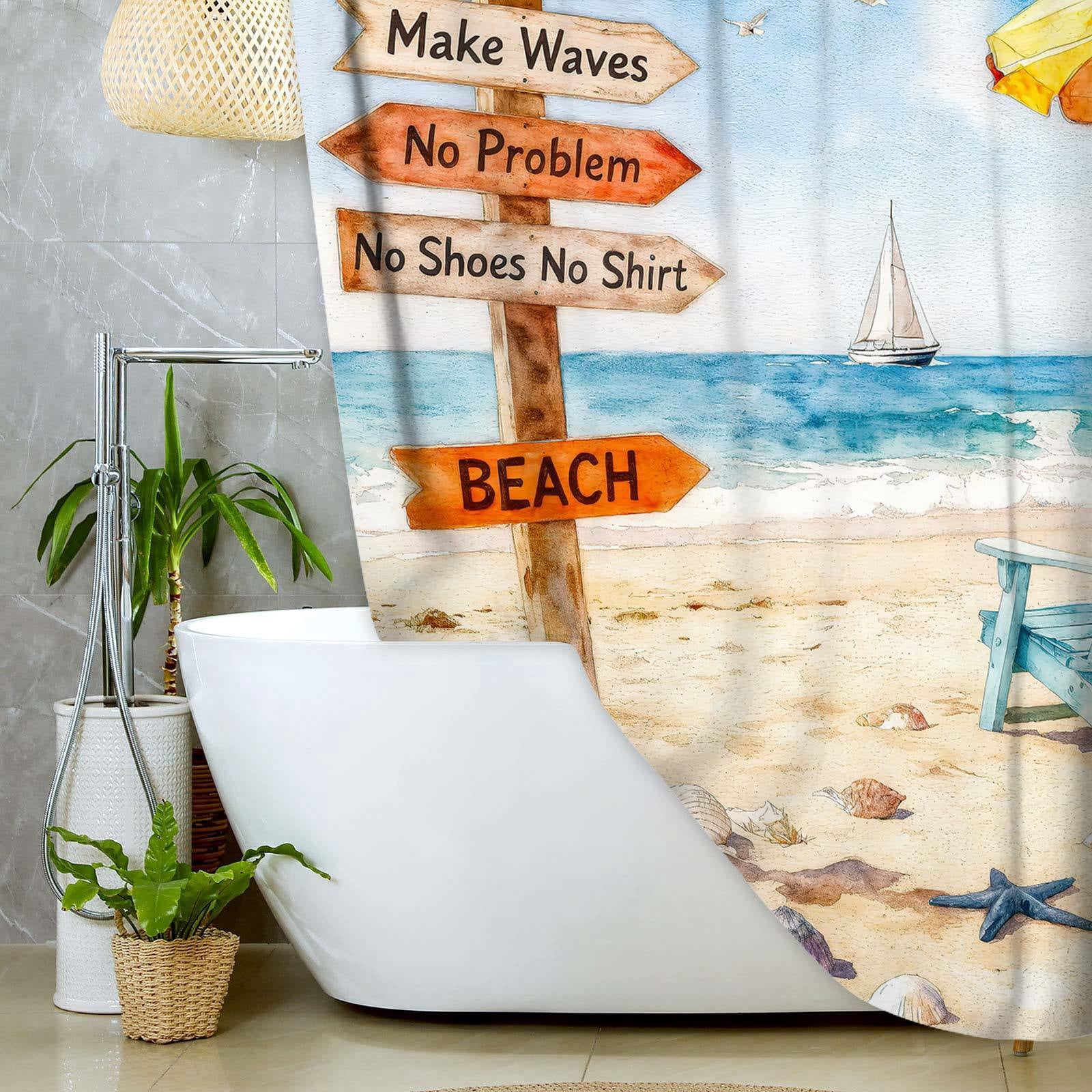 Ocean Beach Palm Tree Shower Curtains, Tropical Summer Shower Curtains for Bathroom, Sailing Seagull Sails Chair Bath Curtain Bathroom Decor,72X72in