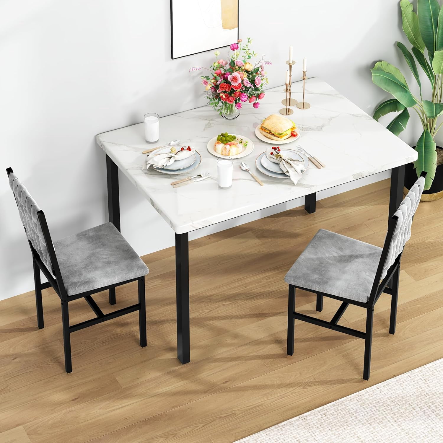 Lamerge 2-Piece Dining Set, Modern Kitchen Dining Set, featuring two dining chairs with goose-down cushions and a small dining table; perfect for kitchens, apartments, and dining rooms; white