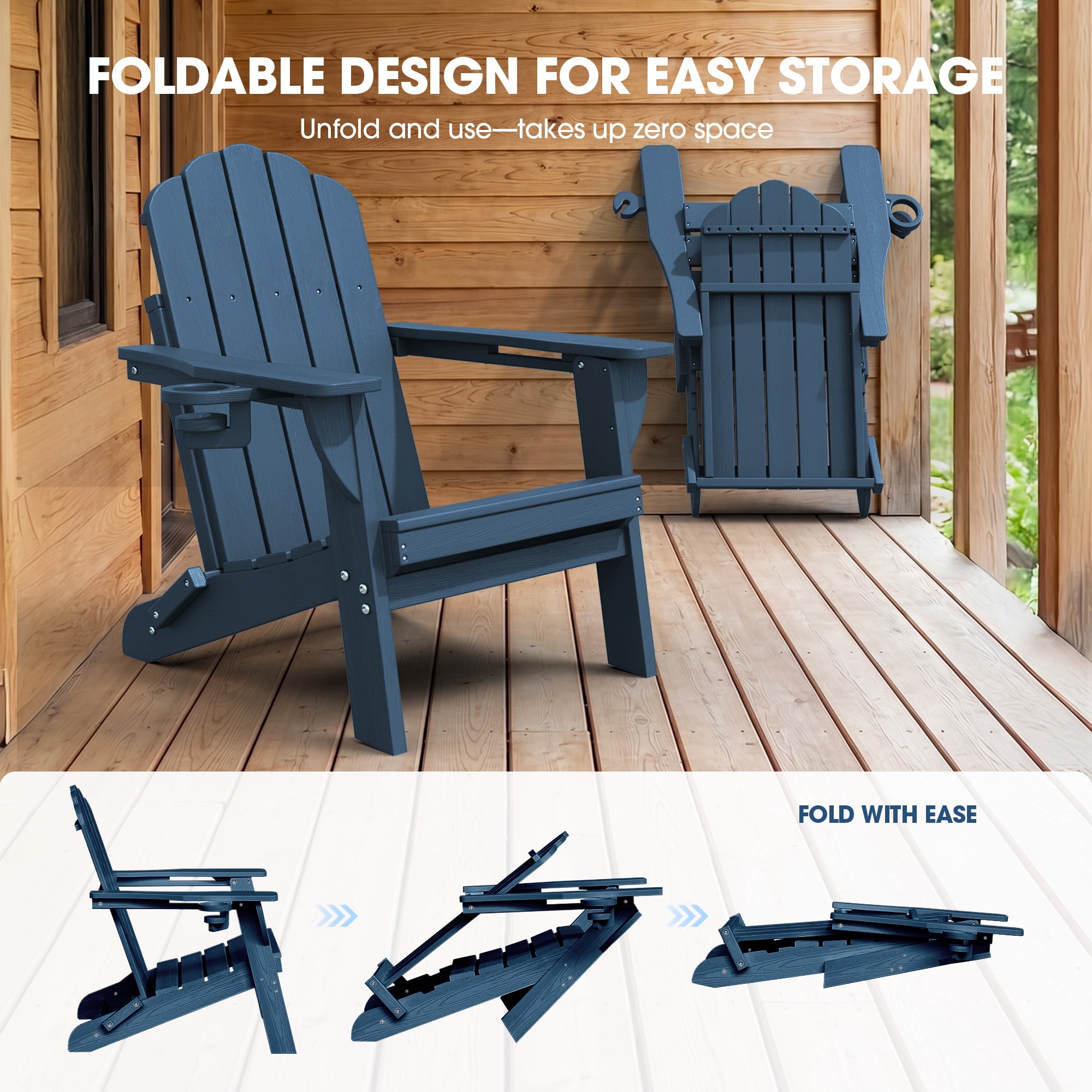 Folding Adirondack Chair, All-Weather HDPE Plastic Patio Fire Pit Chair, Navy