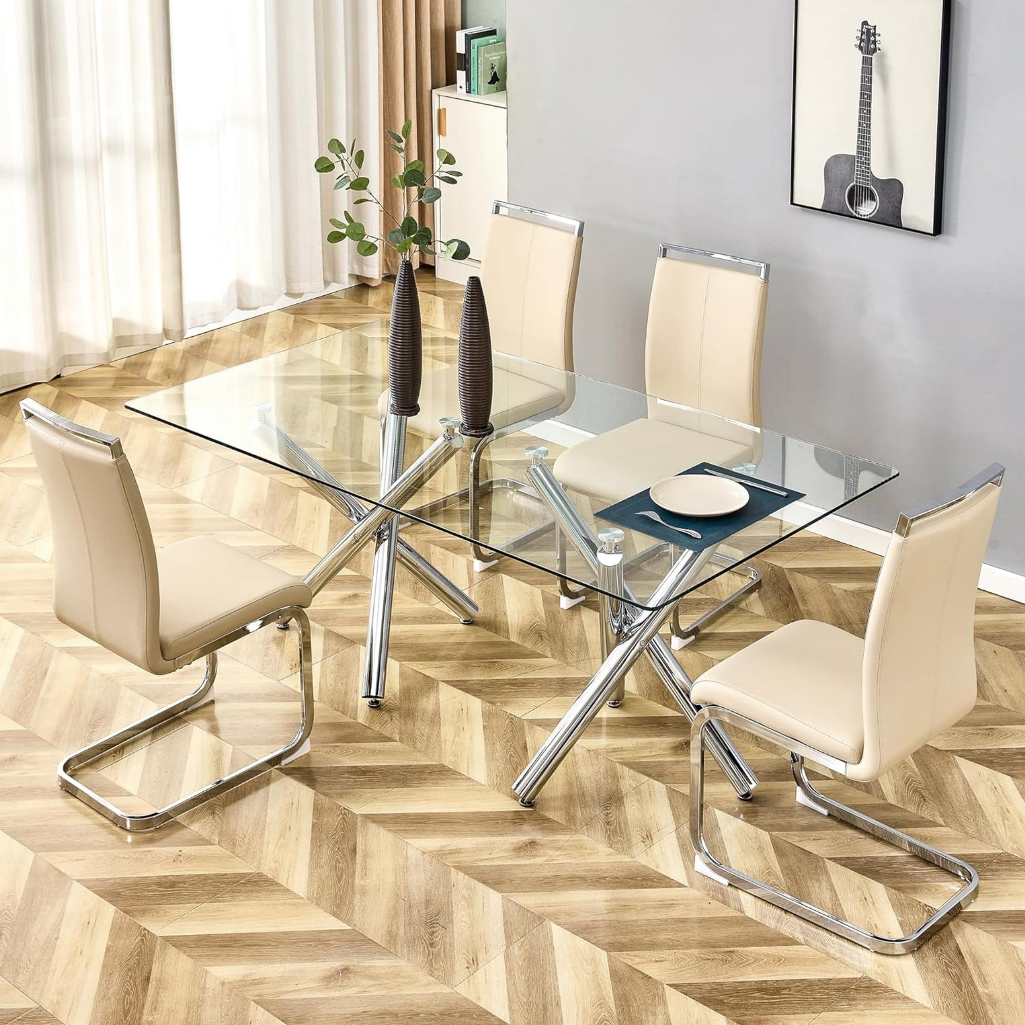 Sudica Dining Chairs Set of 4, Modern Beige PU Leather, High Back, Silver Metal Legs for Kitchen & Dining Room