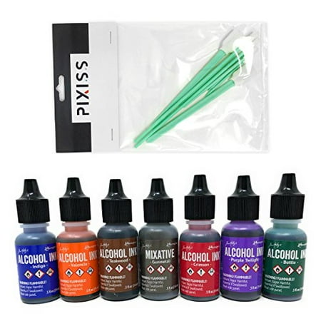 Ink Blending Tool - Favorites Collection 10 - Tim Holtz Alcohol Inks and Mixatives 7 Bottle Bundle, Indigo, Valencia, Teakwood, Crimson, Purple Twilight, Bottle, Gunmetal Mixative, 8X Pixiss Ink Blending Tools