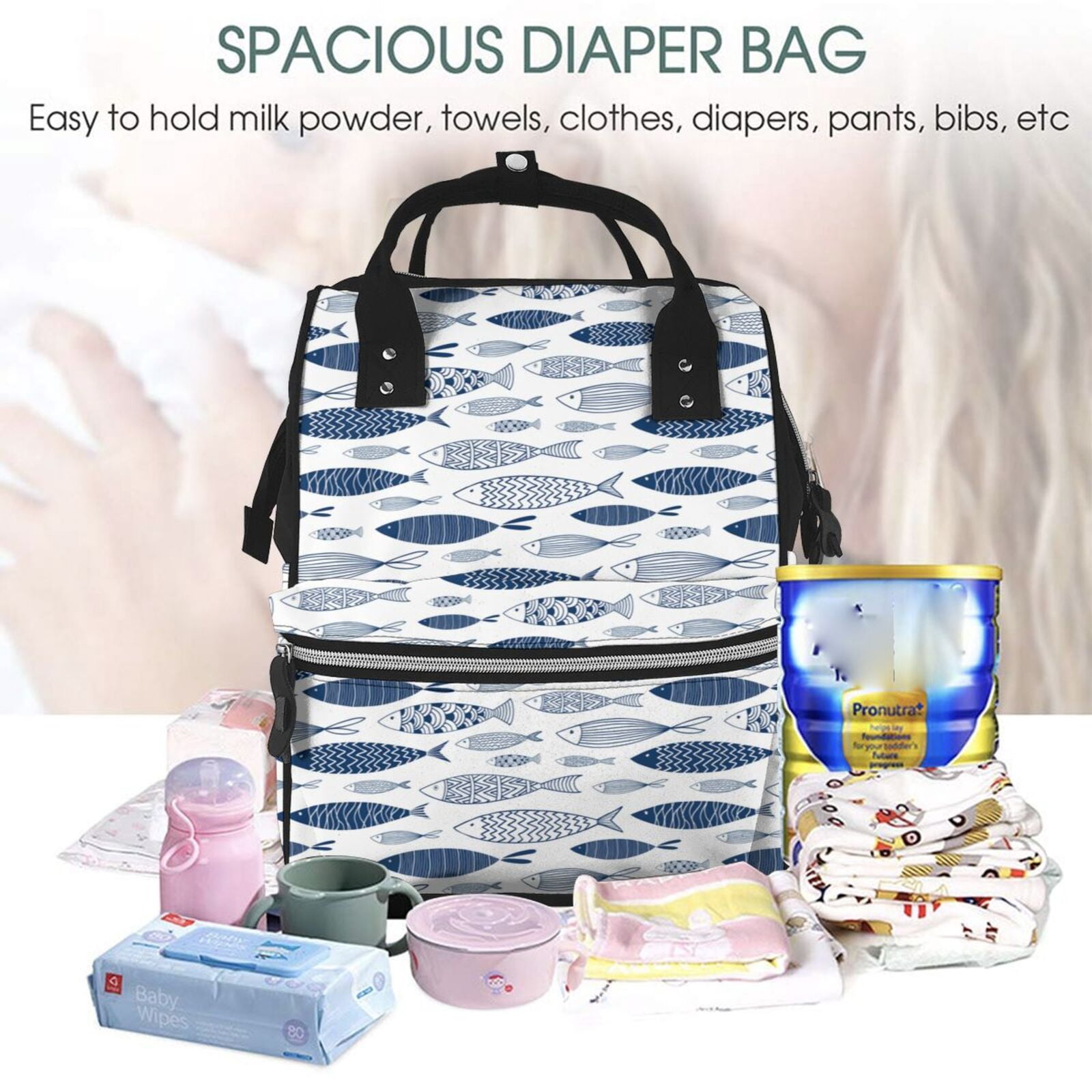 Ratiio Blue Fish Mummy Backpack - Waterproof Twill Canvas, Large Capacity Diaper Bag with Multiple Pockets and Adjustable Straps