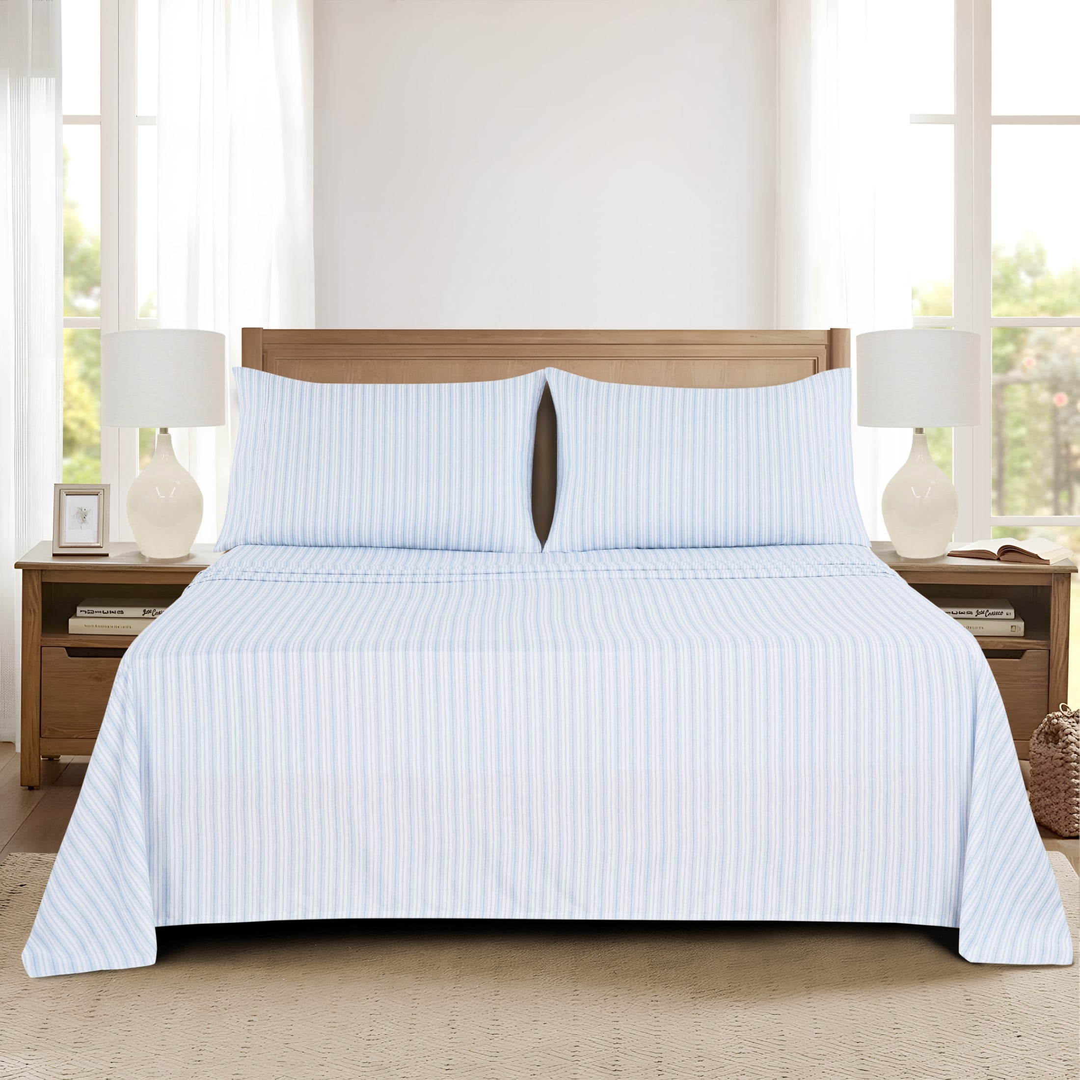 Mainstays Super Soft Brushed Microfiber Bed Sheet Set, Blue Stripe, Full, 4 Piece
