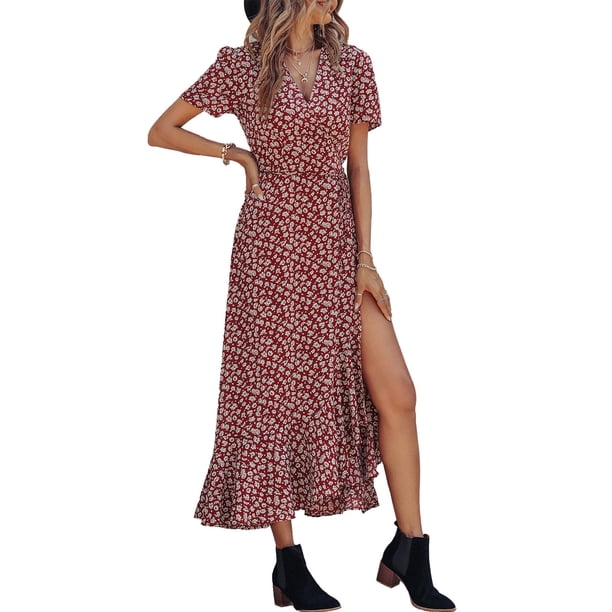 Vestido Maxi Bohemio Floral con Cruzado y Escote en V Grande PRETTYGARDEN