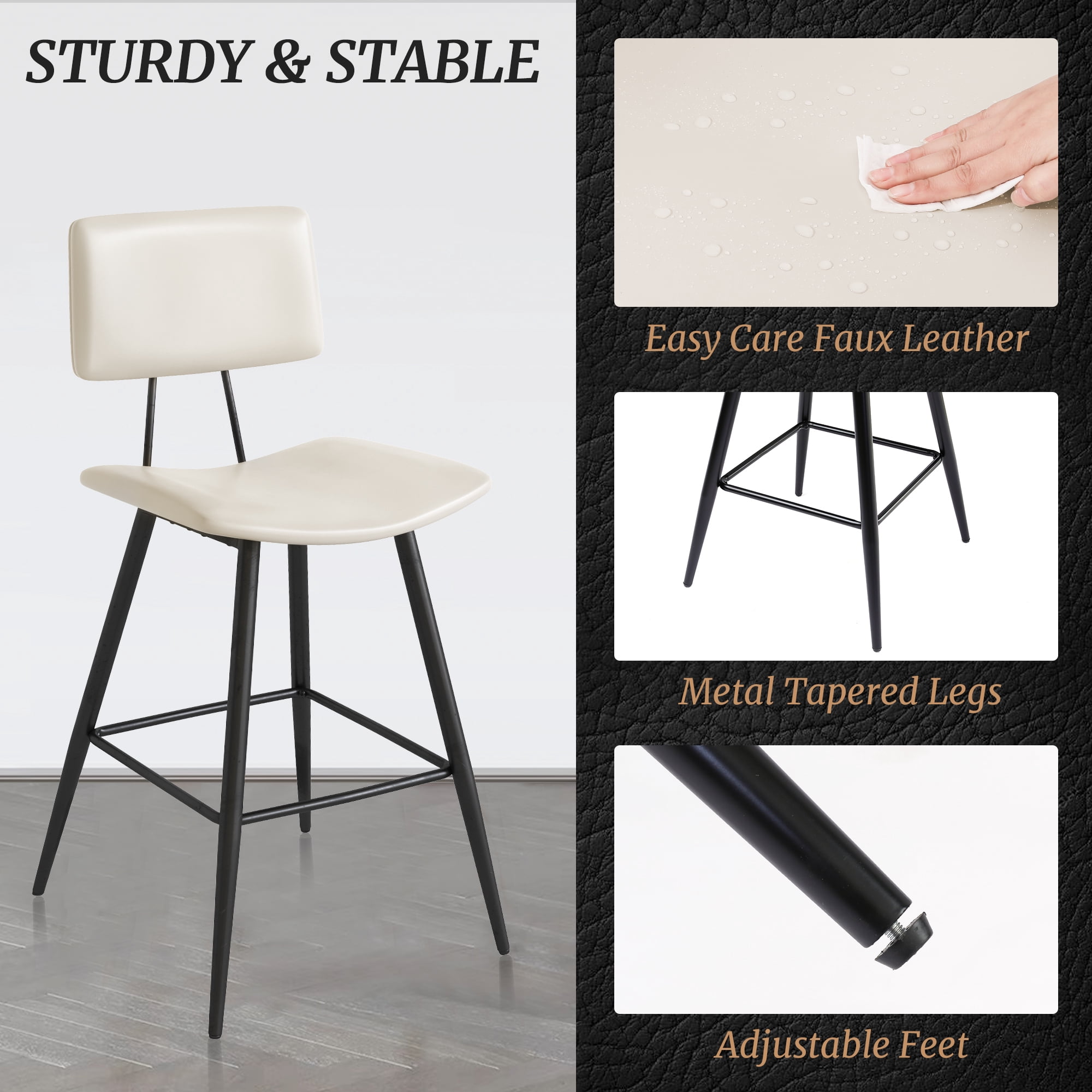 Dycanpo 24.5" Counter Height Bar Stools Set of 4, Faux Leather Upholstered Barstools, White