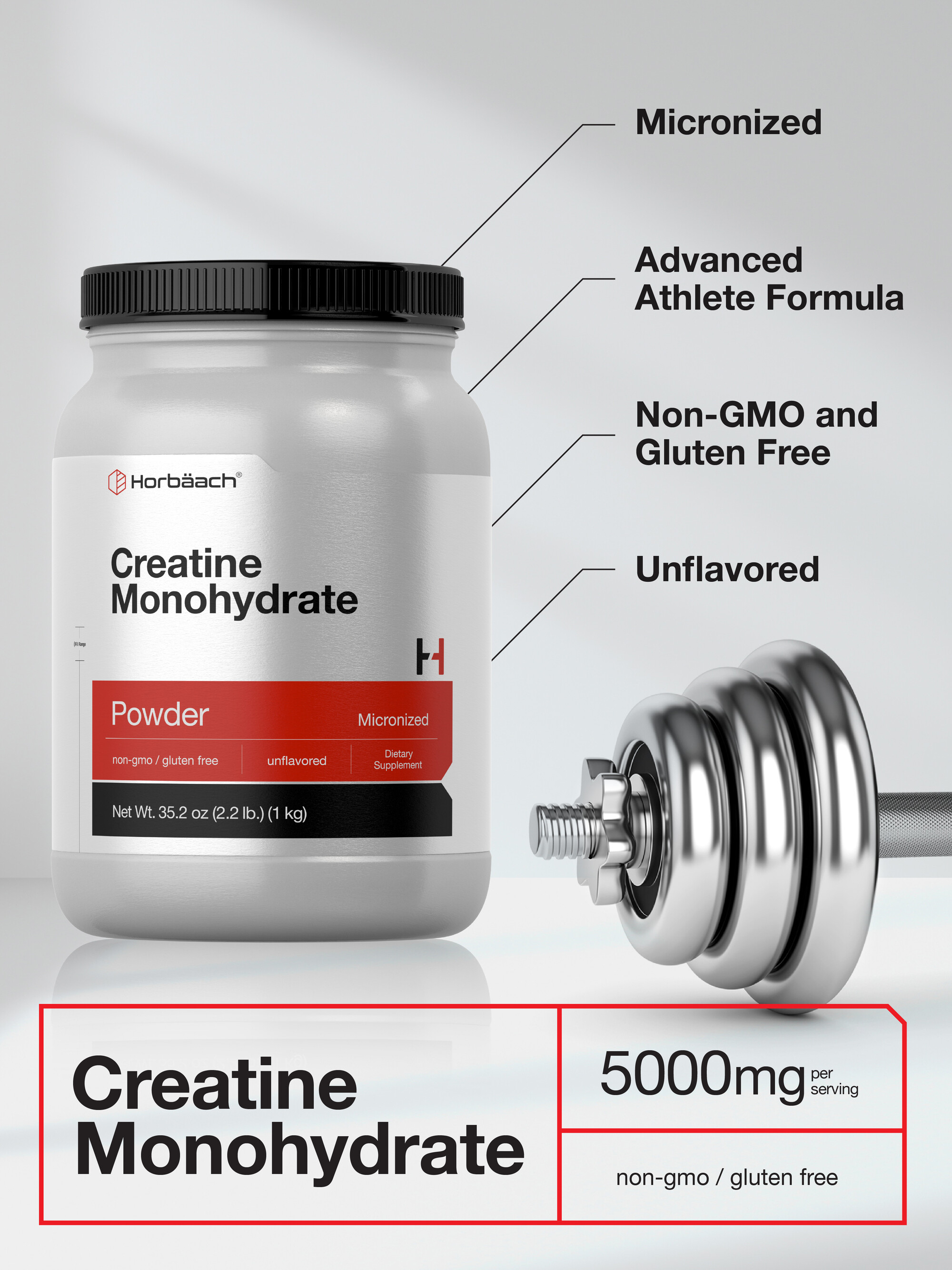 Creatine Monohydrate Powder | 2.2lbs (35.2 oz) | Unflavored Supplement for Men and Women | by Horbaach