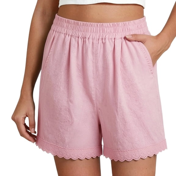 Ihhxva Women's Linen Shorts Elastic Waist Solid Color Casual Bermuda Shorts for Women Summer Beach Vacation - Pink XL