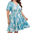 thumbnail image 2 of Usmixi Summer Dresses for Women Tie Waist Pleated Swing Plus Size A Line Short Dresses Short Sleeve V-Neck Floral Print Mini 2023 Casual Dress Light Blue xxxl Clearance Under $5, 2 of 7
