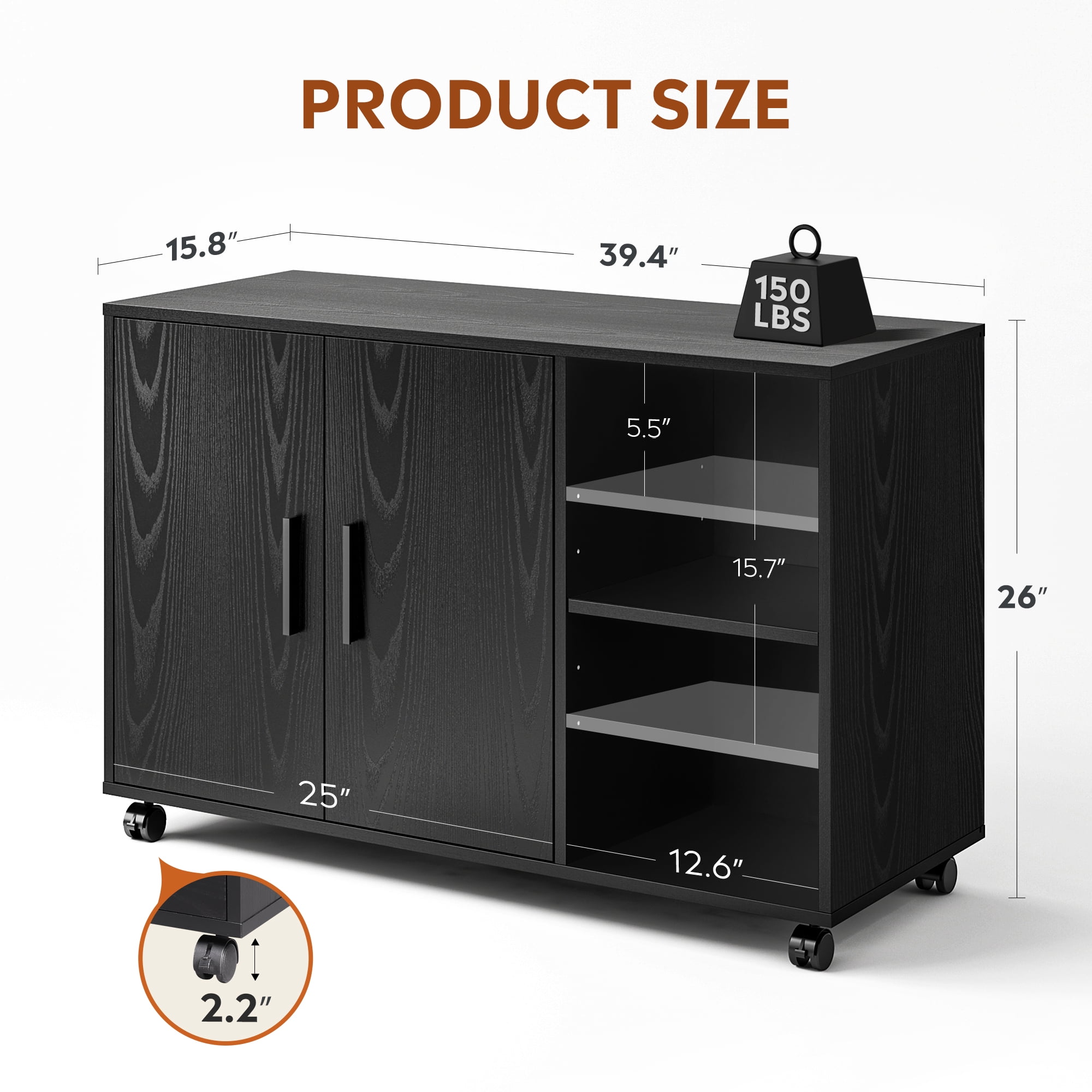 GALAXHERO Wood Storage Cabinets with Doors and Shelves, Lateral File Cabinet & Printer Stand with Storage for Home Office, Black