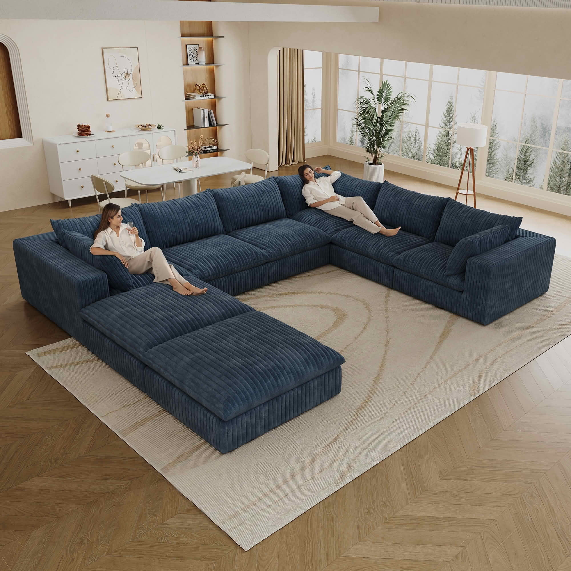 MAYEERTY 157.6" Cloud Corduroy Sofa, Deep Seat Double-Layer Design, Removable Cushion No Assembly, DIY Combination, Blue
