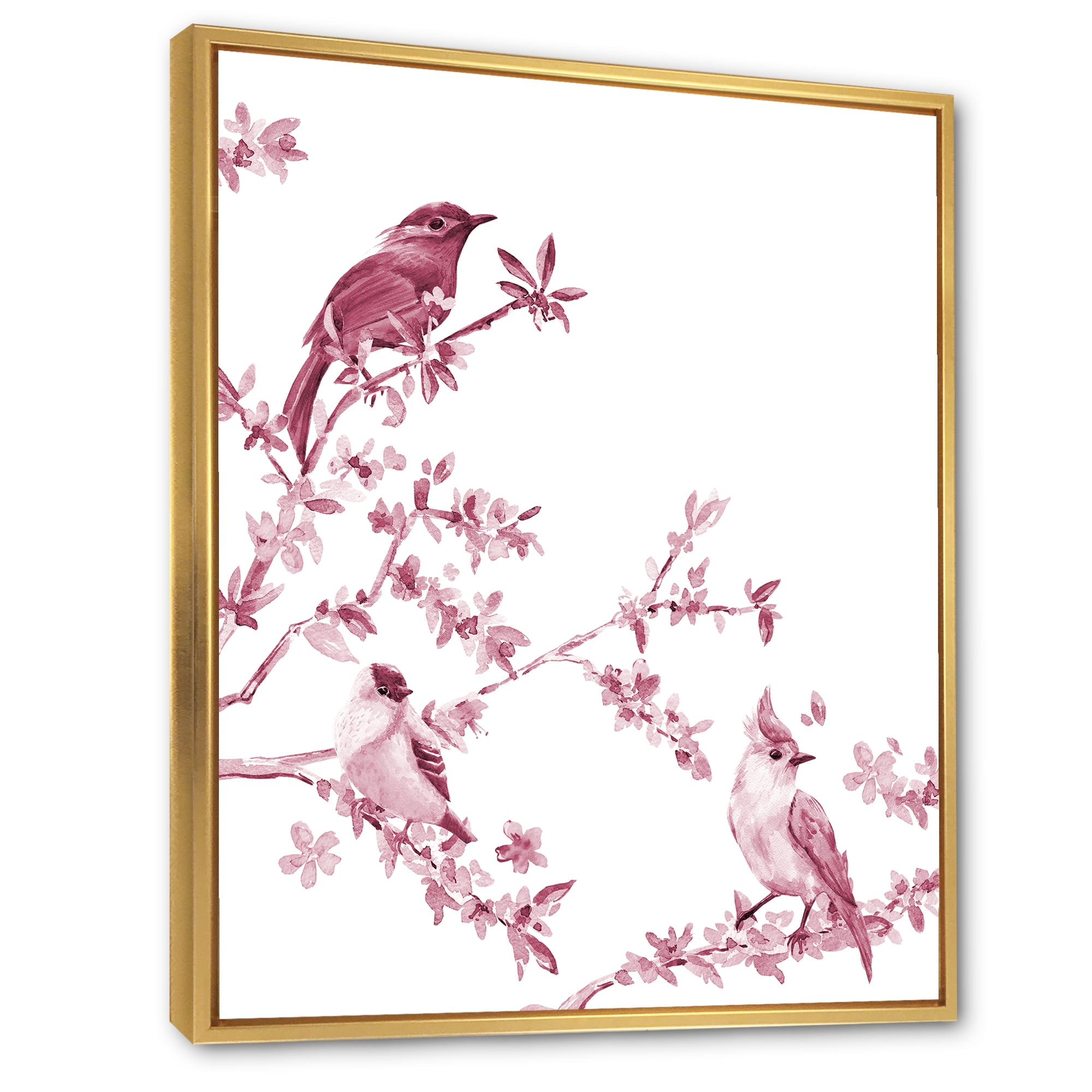 Designart 'Beautiful Pink Birds Sitting On Flowering Branches' Traditional Framed Canvas Wall Art Print