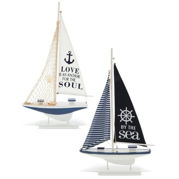 CoTa Global Ocean Blue Sailboat Decor Set of 2 – Handmade Wooden Boat Decor, Cute Beach Style Model Sail Boat Decorations, Nautical Themed Table Top Decor Living Room Centerpiece - 22.4 Inch