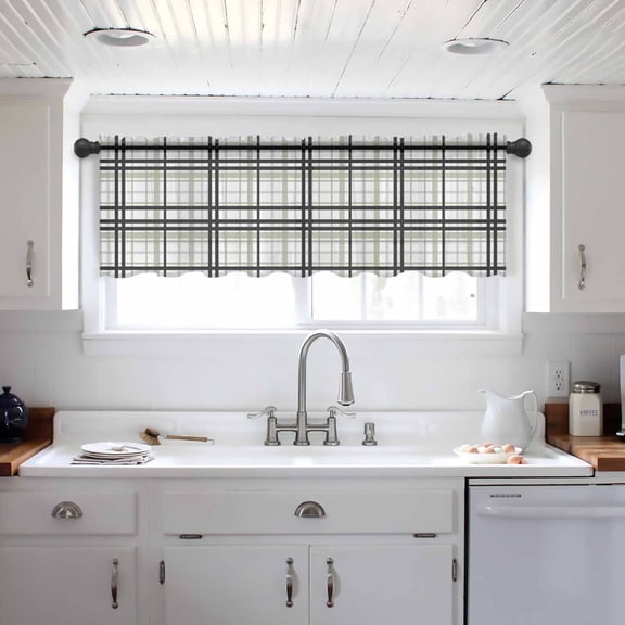 Sage Green Black Plaid Valance Curtains for Kitchen/Living Room/Bathroom/Bedroom Window, Farmhouse Green Black Checkered Rod Pocket Small Topper Half Short Window Curtains Voile Sheer Scarf 54"x18"