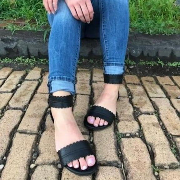 ABBEY Scalloped Sandals, Black, 5.5