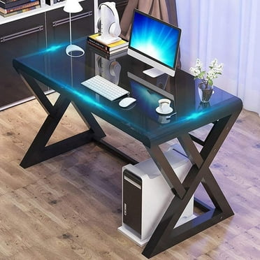 Glass Computer Desk- Office Desk Computer Table Modern Simple Office Study Gaming Work Writing Desk Table for Home Office, Black