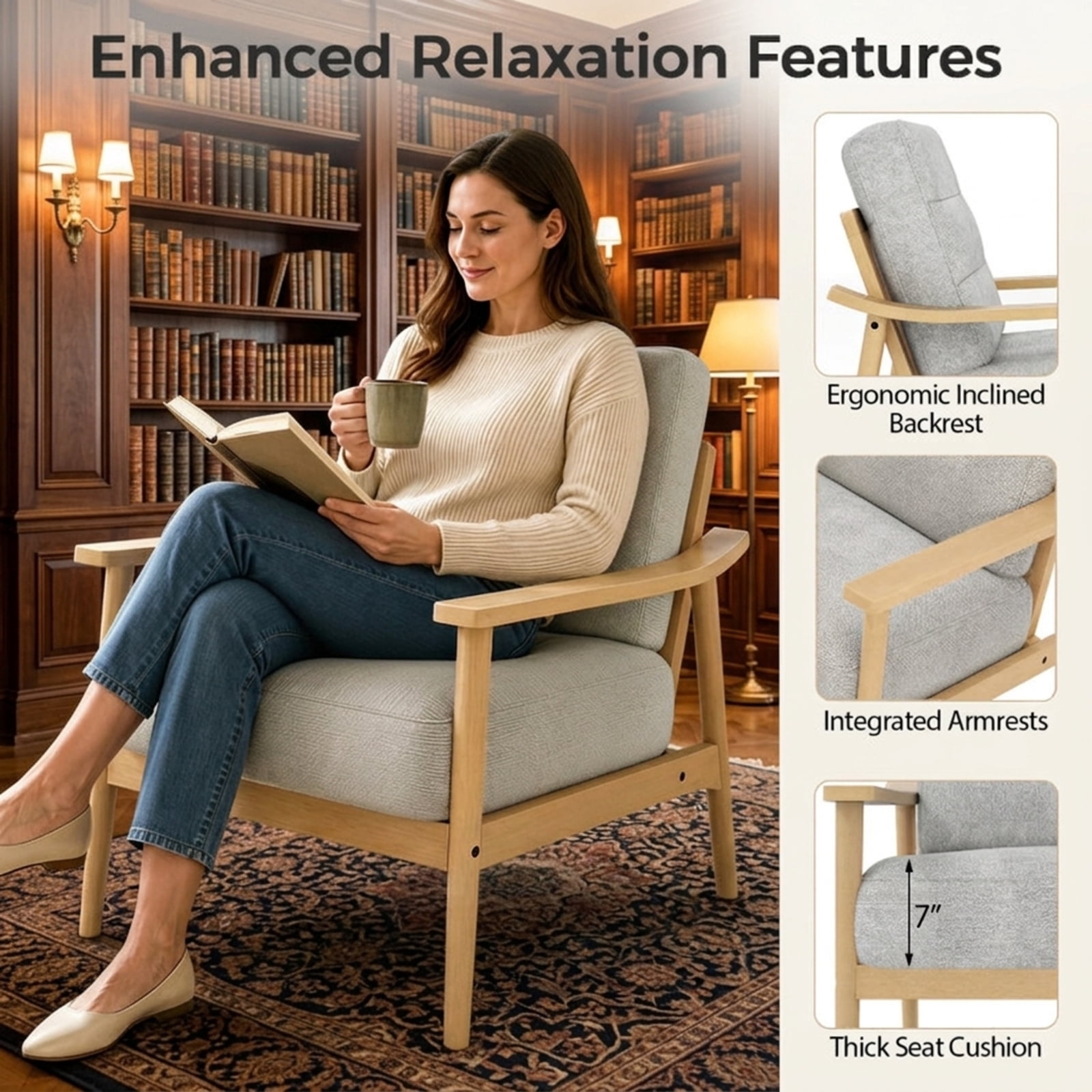 Furnibear Modern Accent Chair with Large Padded Seat Rubber Wood Armrests and Washable Back Cushion for Living Room and Reading Room, Natural