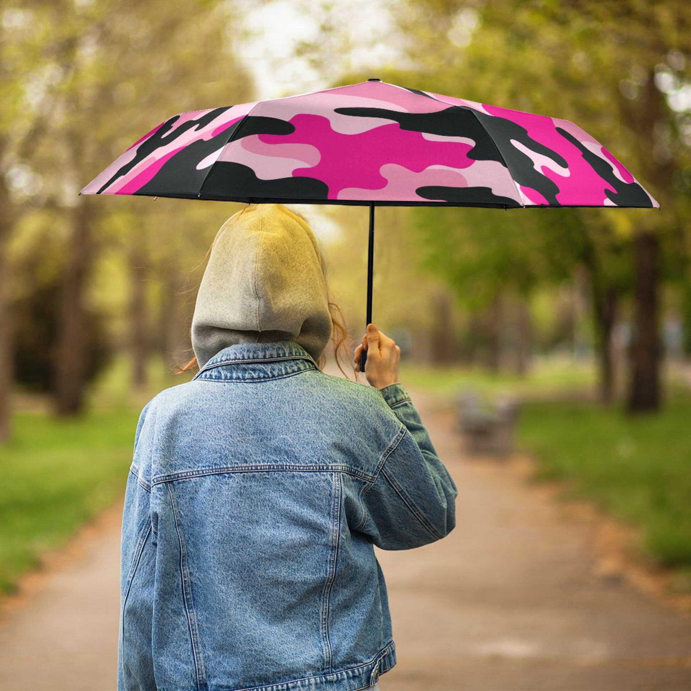 Pink and Black Camouflage Compact Folding Umbrella for Rain Windproof Travel Umbrella UPF 50+ Lightweight Packable Arc Size