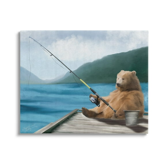 Stupell Bear Fishing Pole Lake Dock Animals & Insects Painting Gallery Wrapped Canvas Print Wall Art