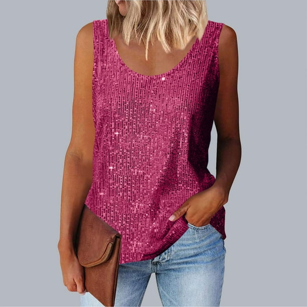 mfyjkho Tops Para Salir Para Mujer, Vestido Informal De Lentejuelas Con Cuello Redondo Y Sin Mangas Para Mujer, De Moda, Primavera Y Verano Tops Para Salir Para Mujer S