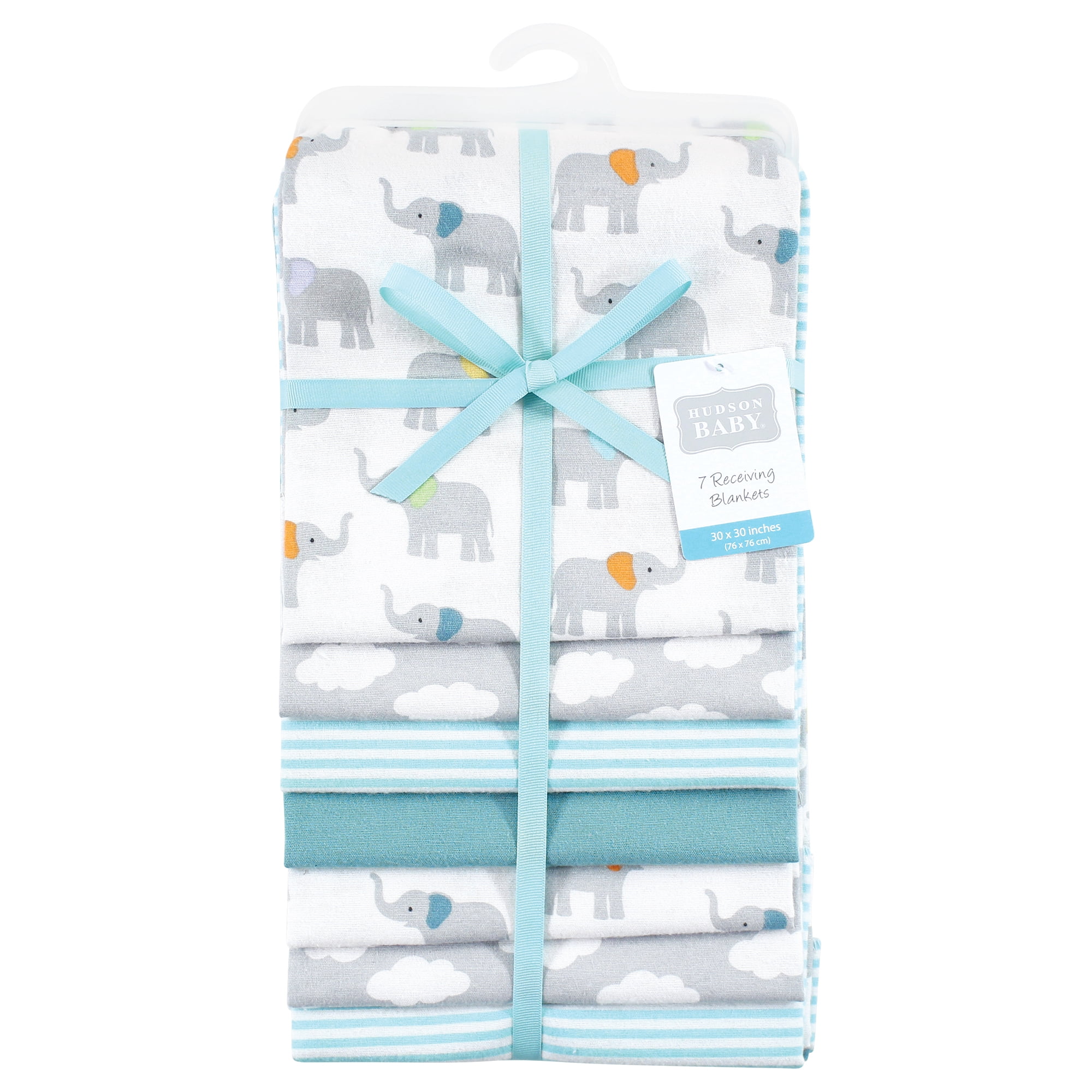 Little Treasure Hudson Baby Cotton Poly Flannel Receiving Blankets 7-Pack, Grey Teal Elephant, 30x30 inches