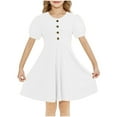thumbnail image 2 of BRGZLK Girls Summer Dresses Trendy Solid Color Round Neck Puff Sleeve A-Line Dress Casual Comfortable Holiday Midi Dress White 11-12 Years, 2 of 7