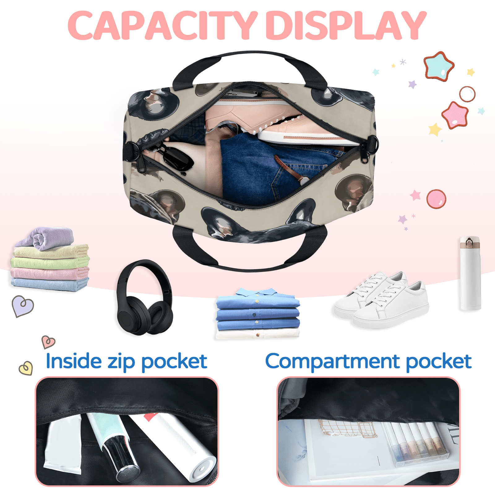 Herdesigns French Bulldog Gym Bag for Women, Duffle Bag for Travel Sport, Lightweight Waterproof Carry on Weekender Overnight Dance Yoga Workout Bags
