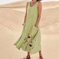 thumbnail image 2 of Robes en Lin Grande Taille pour Femmes Sans Manches à Col Rond à Imprimé Floral Boho Hawaïennes Robe d'Été Décontractée Légère Fluide Midi avec Poches Robe Verte, Taille P-5TG, 2 of 6