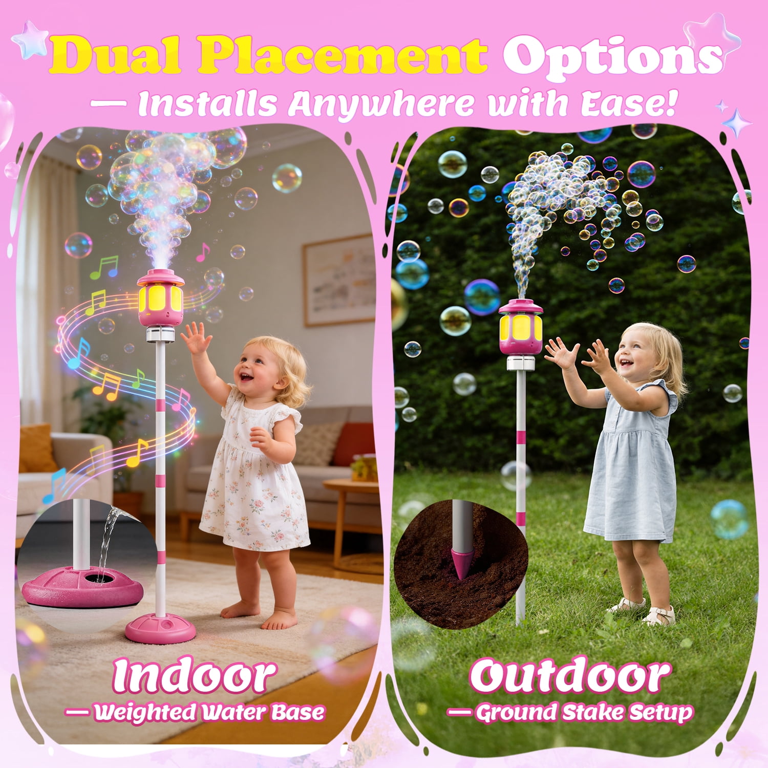 WonderStone Lamp Bubble Machine, Bubble Blower and Wand with Music & Lights, Equipped with 180 ml Bubble Solution and 4 Adjustable Heights, Summer Outdoor Toys for Toddlers, Pink