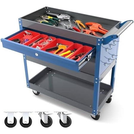 Rolling Tool Cart with Drawers,440 lb Capacity 3 Tier Tool Box Cart with 8 Drawer Organizers & 10 Hooks,Heavy Duty Tool Cart on Wheels for Garage Warehouse Workshop,Blue