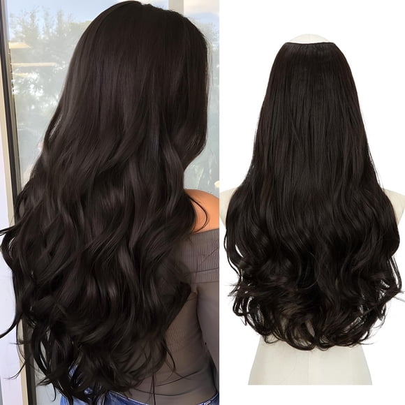 SARLA Extensiones de cabello con clip en U, pelo sintético largo, ondulado, rizado, grueso, cabeza completa, para mujer, negro, marrón, 24 pulgadas