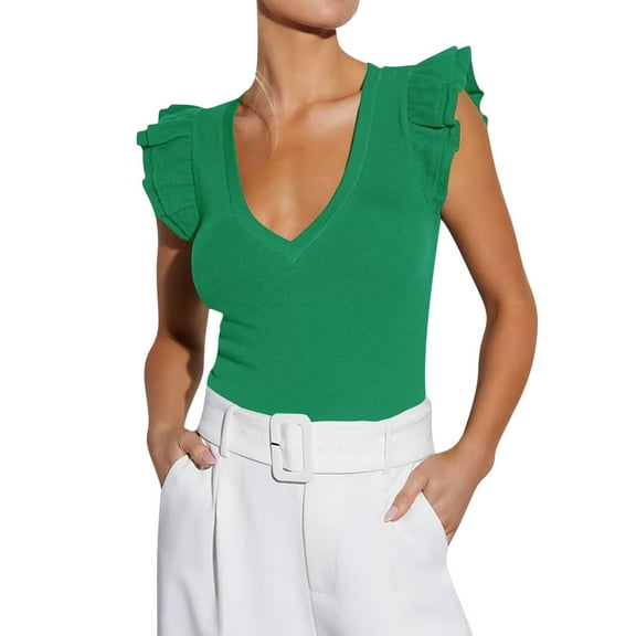 Generic Women's Summer Sleeveless Tops V Neck Ruffle Shirts Knit Ribbed Tank Top Sexy Blouse 2025
