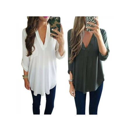 SHEMALL Women V Neck Loose Tops Oversize Solid Long Sleeve Casual Blouse T Shirt