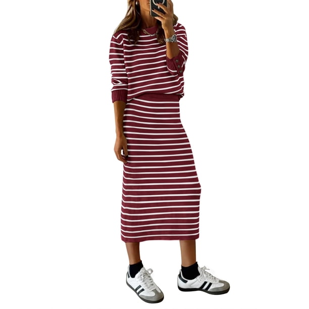 Conjunto de Falda para Mujer PRETTYGARDEN Suéter a Rayas Rojo Vino XL