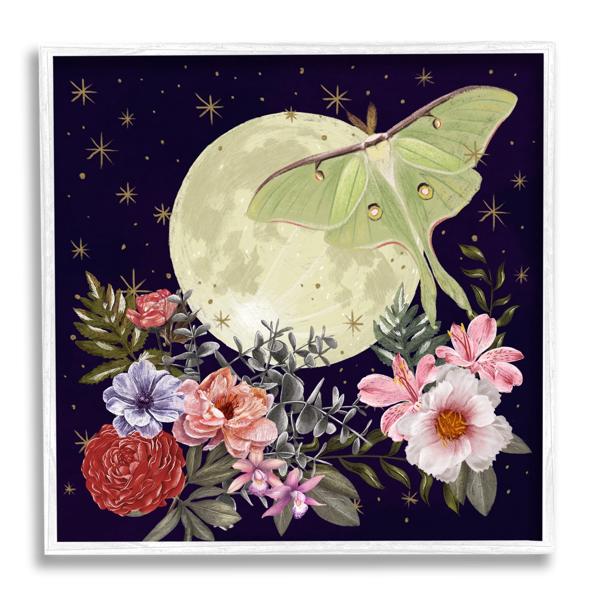 Stupell Industries Calming Nighttime Luna Moth Flying Moon Flowers Graphic Art White Framed Art Print Wall Art, Design by Raquel Maciel