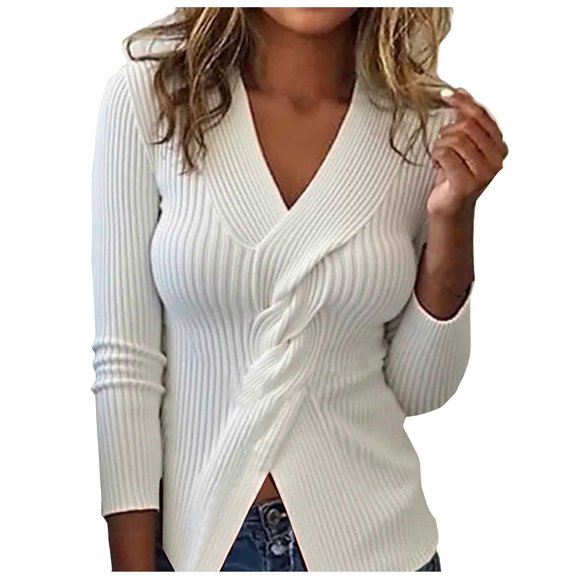 Ltctricy Sweaters for Women Long Sleeve V Neck Twist Front Split Hem Ribbed Knit Pullover Sweater Tops Slim Tunic Sweaters(White,X-Large)