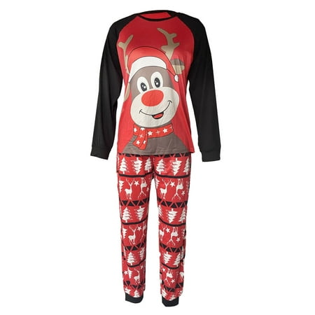 

Gureui Family Matching Christmas Pajamas Set Cartoon Elk Printed Long Sleeve Round Neck Tops + Deer Print Elastic Waist Long Pants Set for Adults/Kids/Pet Kerchief/Baby Romper