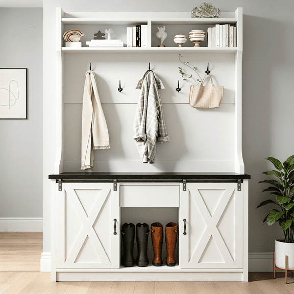Catrimown 42 Inch White Farmhouse Hall Tree, entryway bench with 2 sliding barn doors, built-in coat rack and ample shoe storage for entryway use