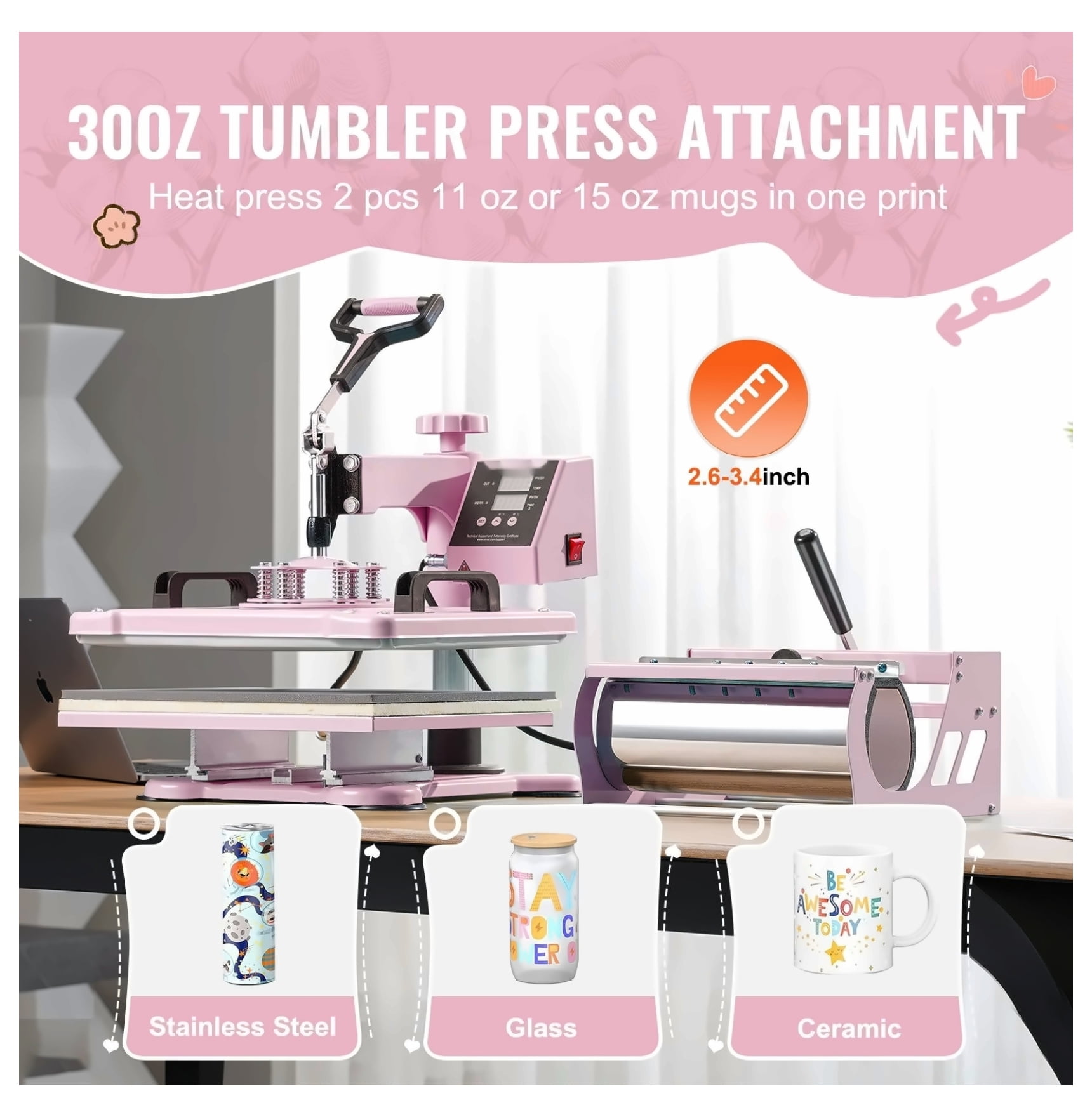 Heat Press Machine 12x15", 8 in 1 with Tumbler Press - T-Shirts, Mugs, Hats - Pink