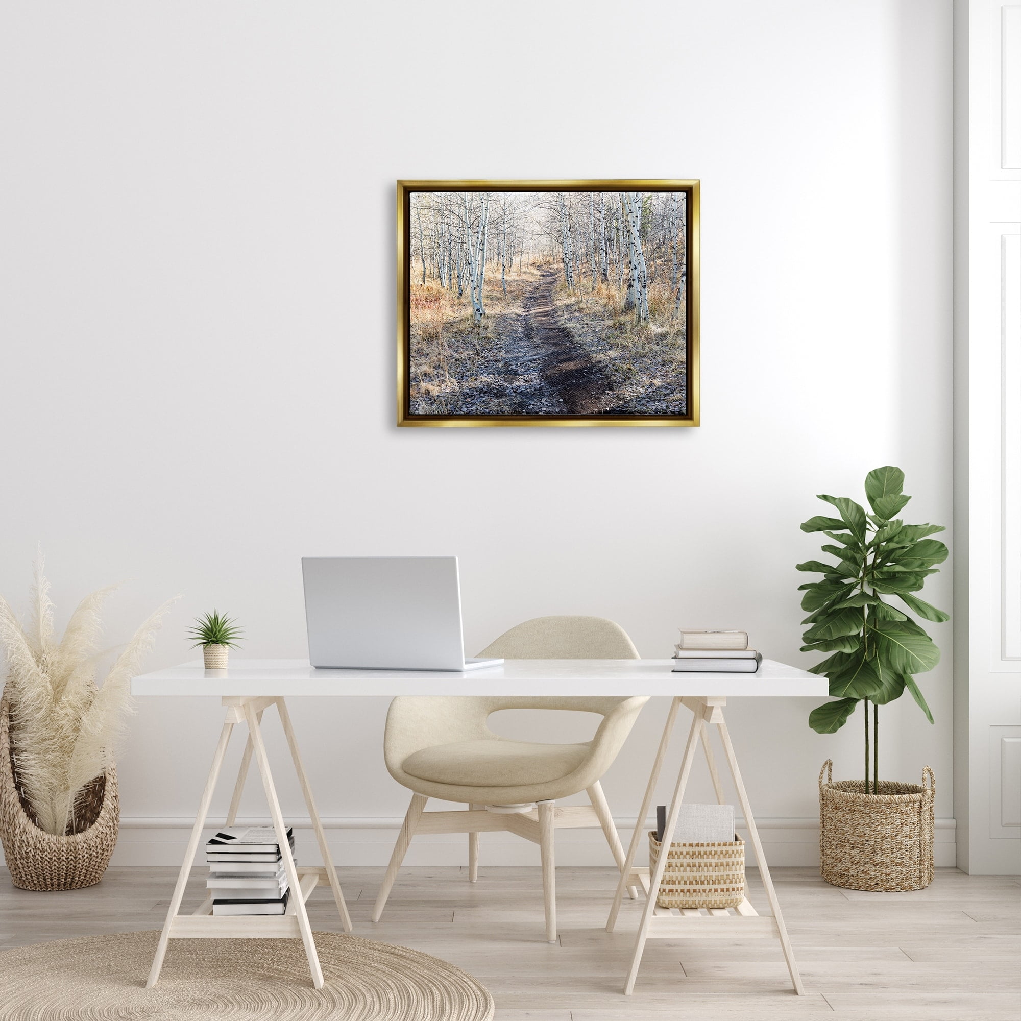 Stupell Industries Dirt Path Between Birch Tree Forest Woodland Scene Photograph Metallic Gold Floating Framed Canvas Print Wall Art, Design by Steve Smith