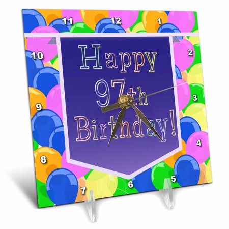 3dRose Balloons with Purple Banner Happy 97th Birthday, Desk Clock, 6 by 6-inch