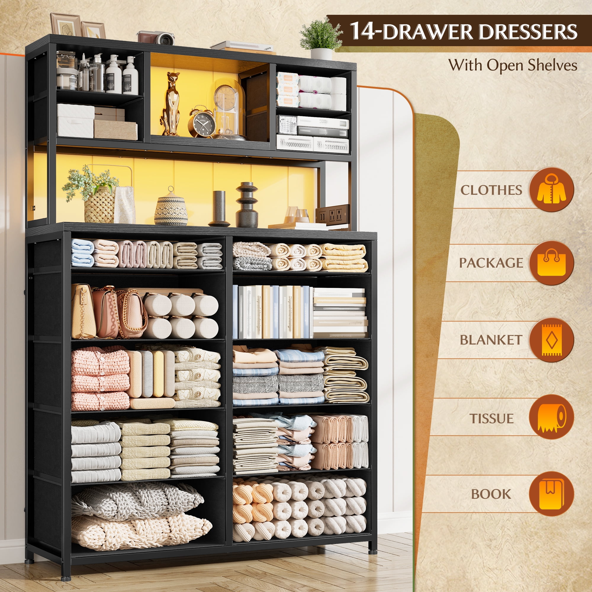 EnHomee Black Tall Dressers for Bedroom with Fabric 14 Drawers Dresser with LED Lights and Charging Station,Chests of Drawers with Open Shelves,,62.8"H*11.8"D*35.4"W