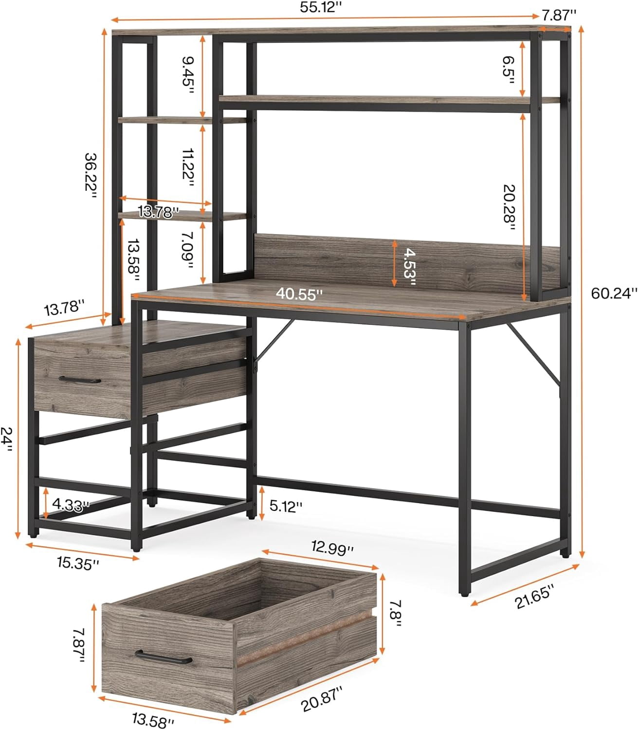 Tribesigns 55 Inch Computer Desk with 2 Drawers and Storage Shelves, Rustic Office Desk with Hutch, Study Writing Table Workstation for Home Office(Grey)