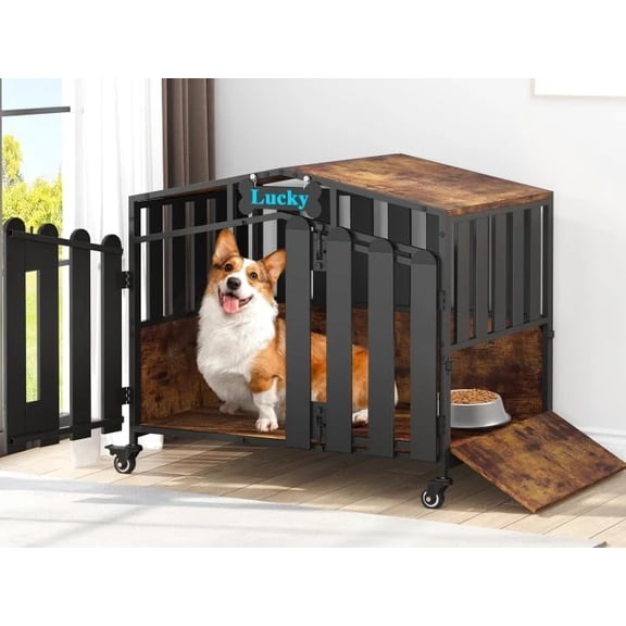 POAO 31"Heavy Duty Dog Crate Furniture with 360°Wheels,Dog Kennel Indoor for Small Dogs,Wooden Dog Cage with Feeding Window &Name Tag,Brown