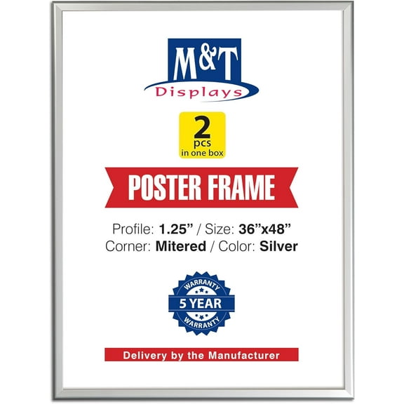 M&T Displays Picture Frame 36x48 Inch, Front Loading Diploma Frame, Silver Color 1.25" Aluminum Profile Size, 2 Packs