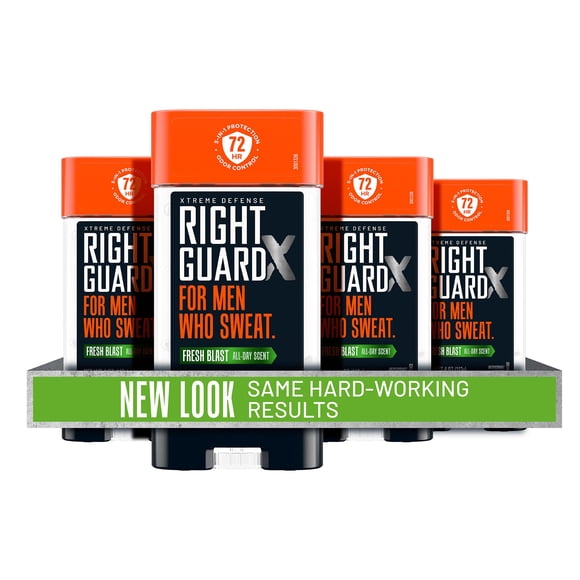 Gel antitranspirante y desodorante Right Guard Xtreme Defense | Protección 5 en 1 para hombres | Bloquea el sudor 2 veces más | Control de olores las 72 horas | Aroma fresco y explosivo, 4 oz. (4 cuen