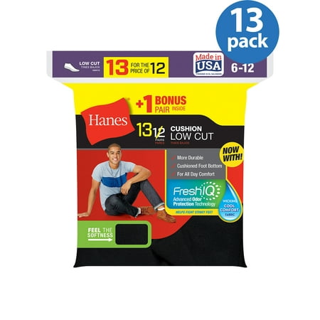 - Hanes Men's Cushion FreshIQ Low Cut Socks 12 + 1 Bonus Pack