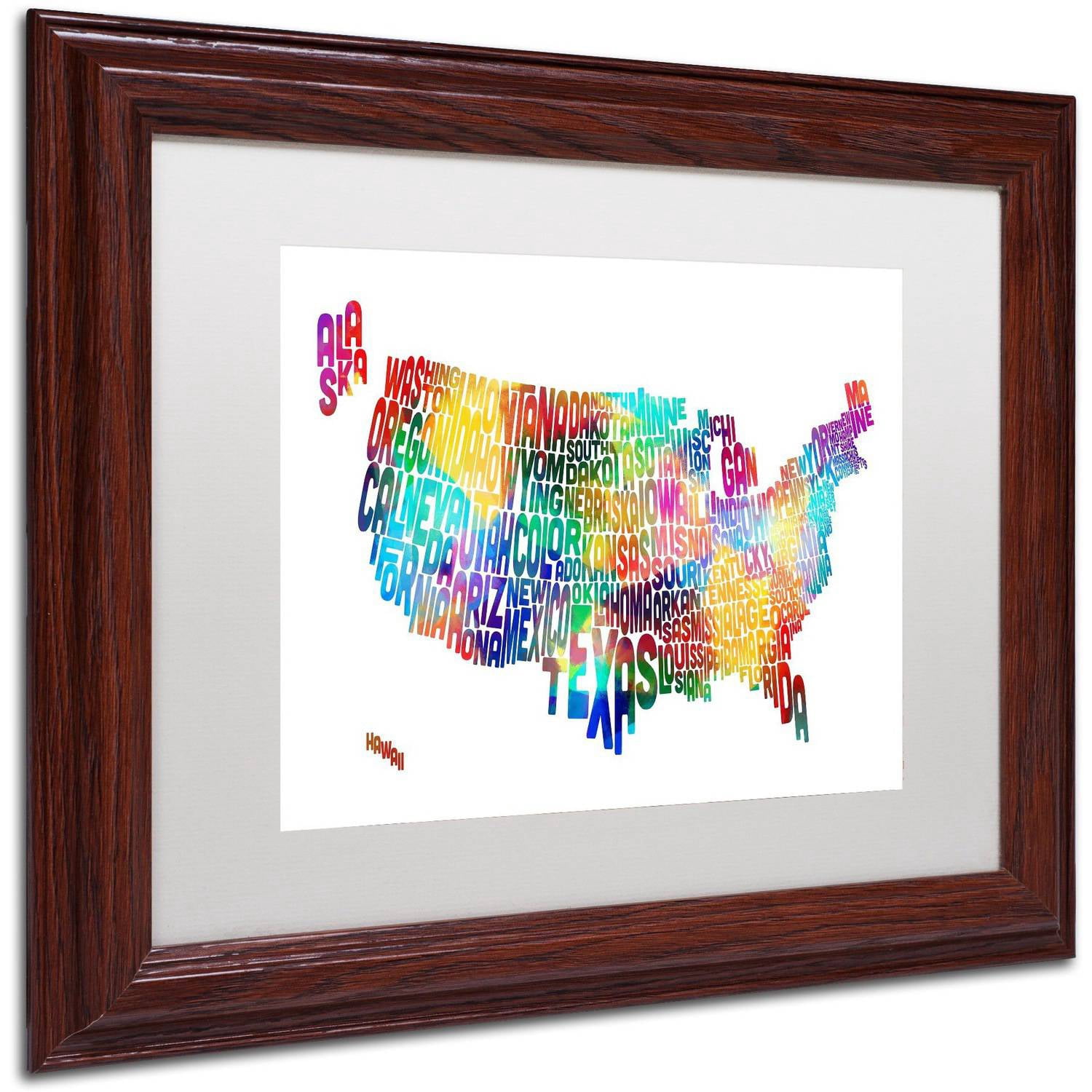 Trademark Fine Art 'United States Typography Map 2' Canvas Art by Michael Tompsett, White Matte, Wood Frame