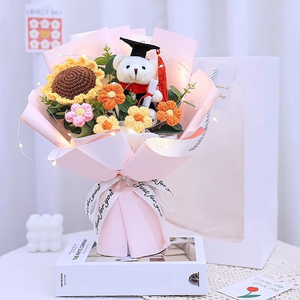 Set de regalo de graduación 2025: ramo de flores de punto con bolsa de regalo de oso de graduación, oso de punto